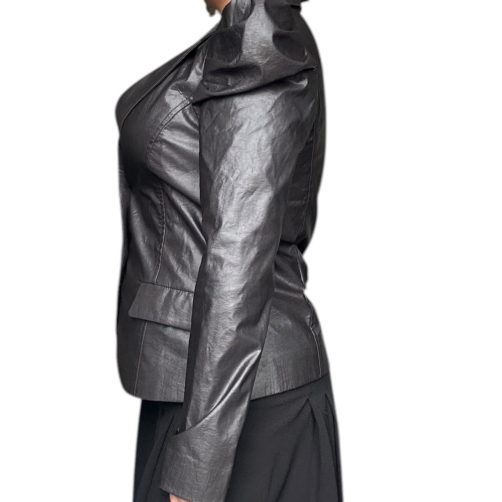 Only - Black Faux Leather Blazer Puff Shoulder Structured Small - Picture 7 of 10